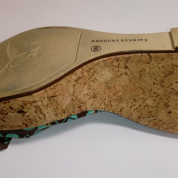 Teal and Brown Berry Design Cork Wedge Sandals - Picture 9 of 10